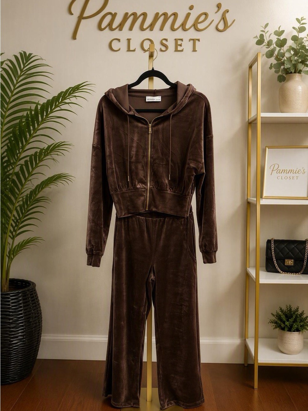 Zenana Outfitters Brown Velvet Wide-Leg Jumpsuit Set